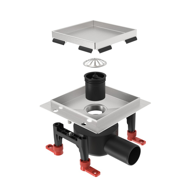Exploded components assembly of shower drain square with rotatable siphon
