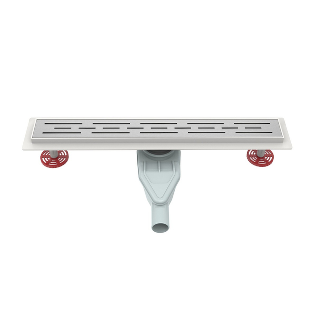 Front angle of seamless bathroom drain showing brushed stainless steel channel and rotatable trap