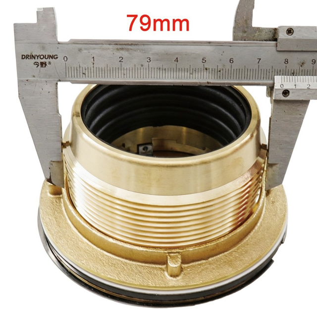 Caliper measuring 79mm outer diameter connection on brass shower drain base