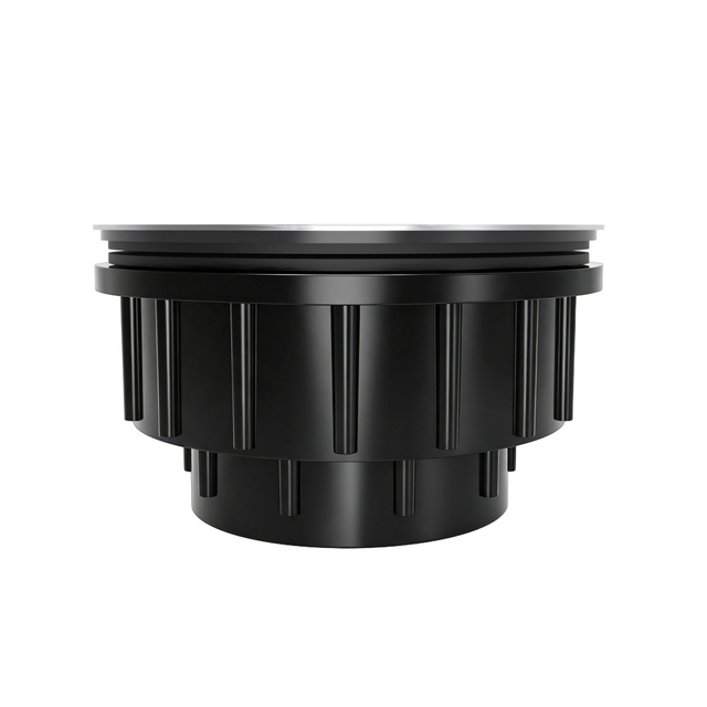 Side profile structure of vertical round floor drain showing threaded PVC body