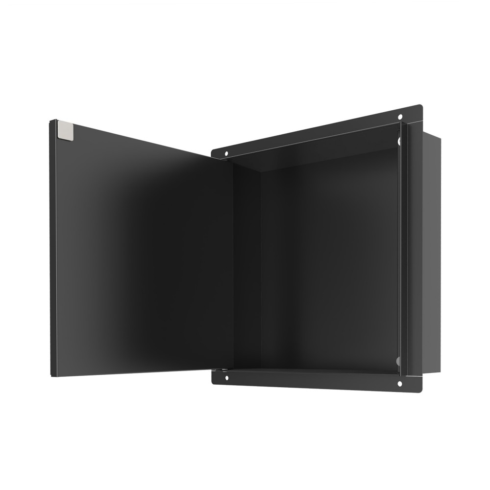 Open door of the hidden niche revealing deep wall storage capacity and interior hinges