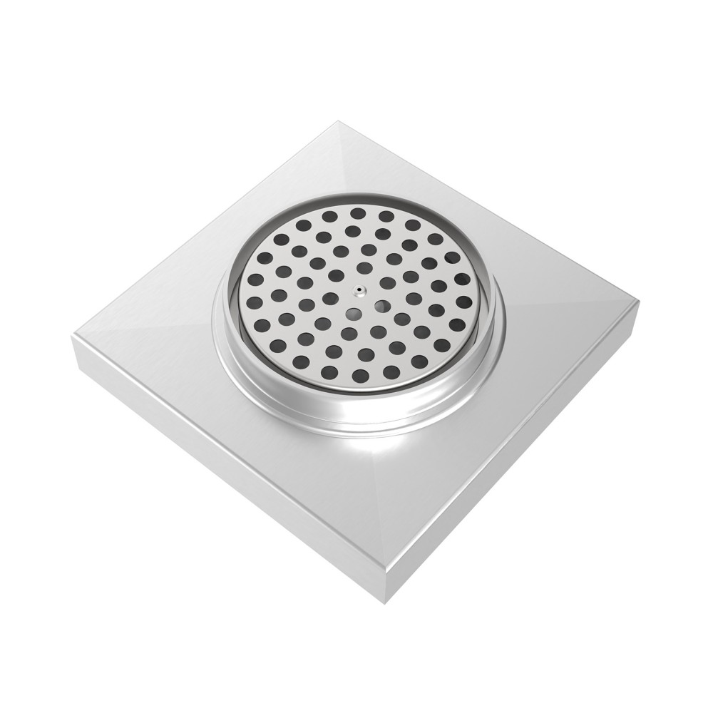 Bottom pipe connection of the stainless steel square drain revealing the 100mm vertical base