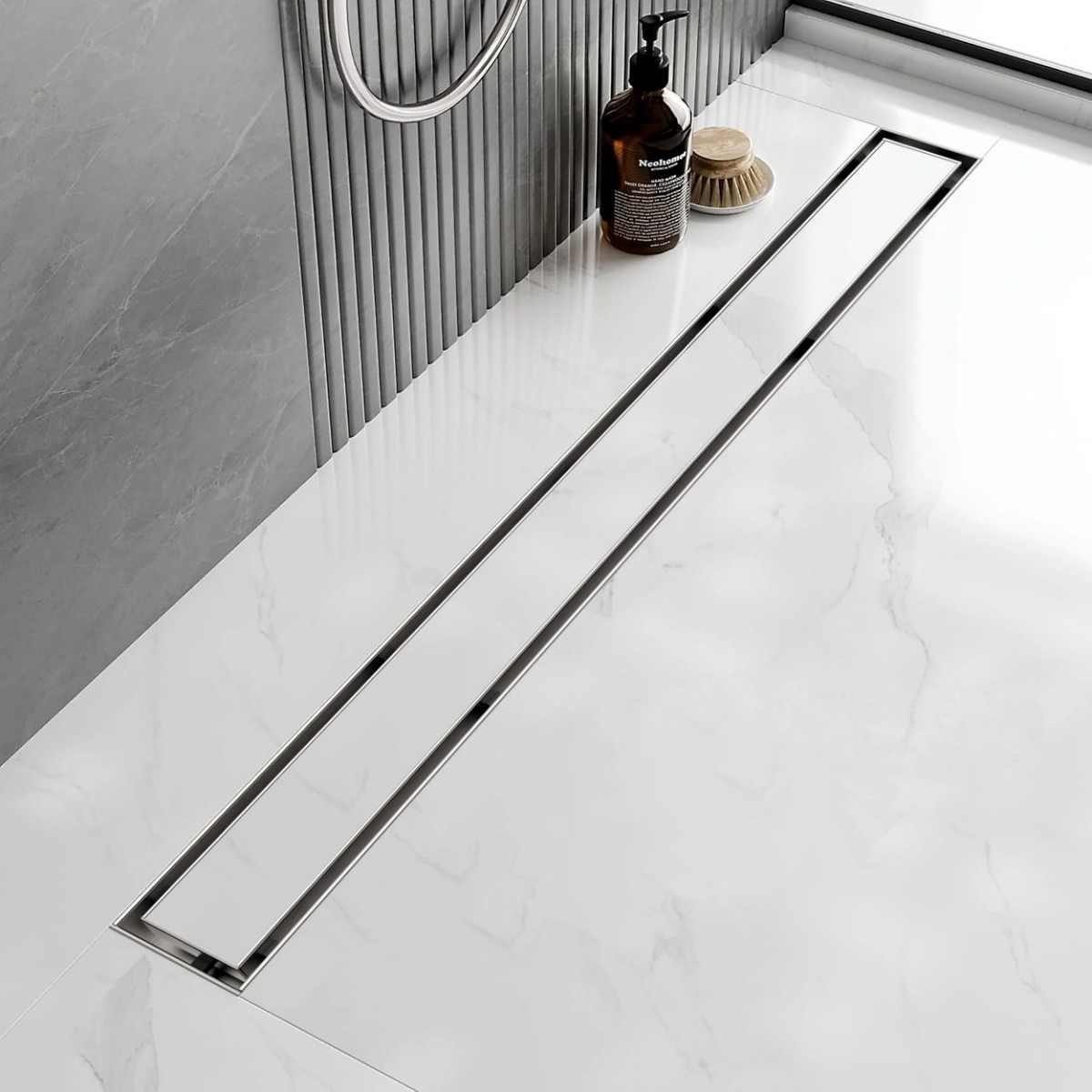 Seamless bathroom linear shower drain tile insert with vertical outlet