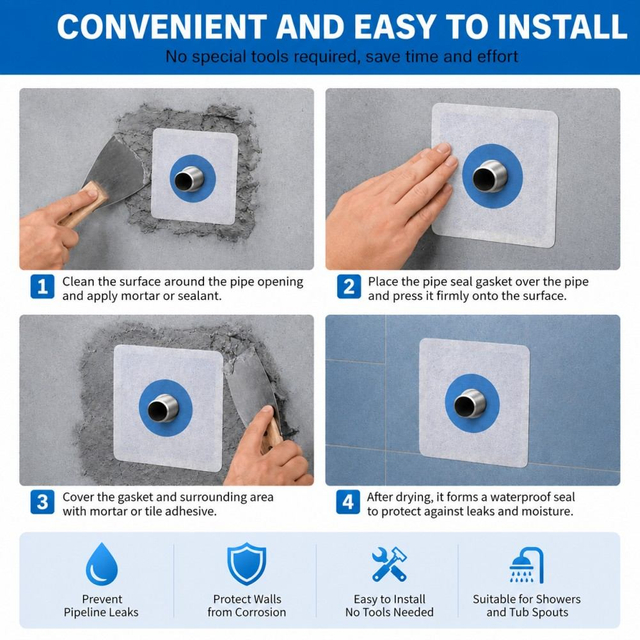 Step by step guide using mortar to secure waterproof pipe collar around plumbing