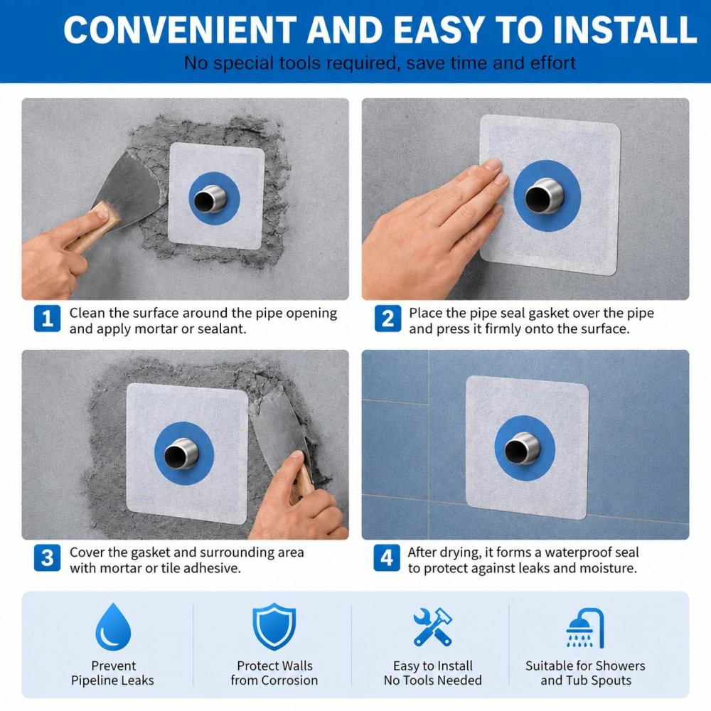 Step by step guide using mortar to secure waterproof pipe collar around plumbing