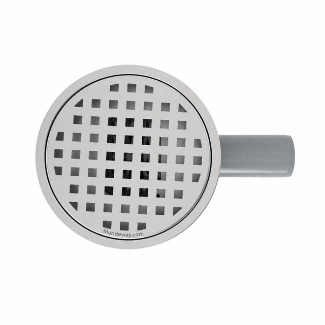 Top surface of the round shower floor drain showcasing the square pattern grate and horizontal floor drain base