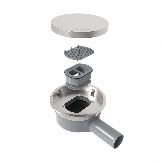 Modern Bathroom Tile Floor Featuring a Round Shower Drain