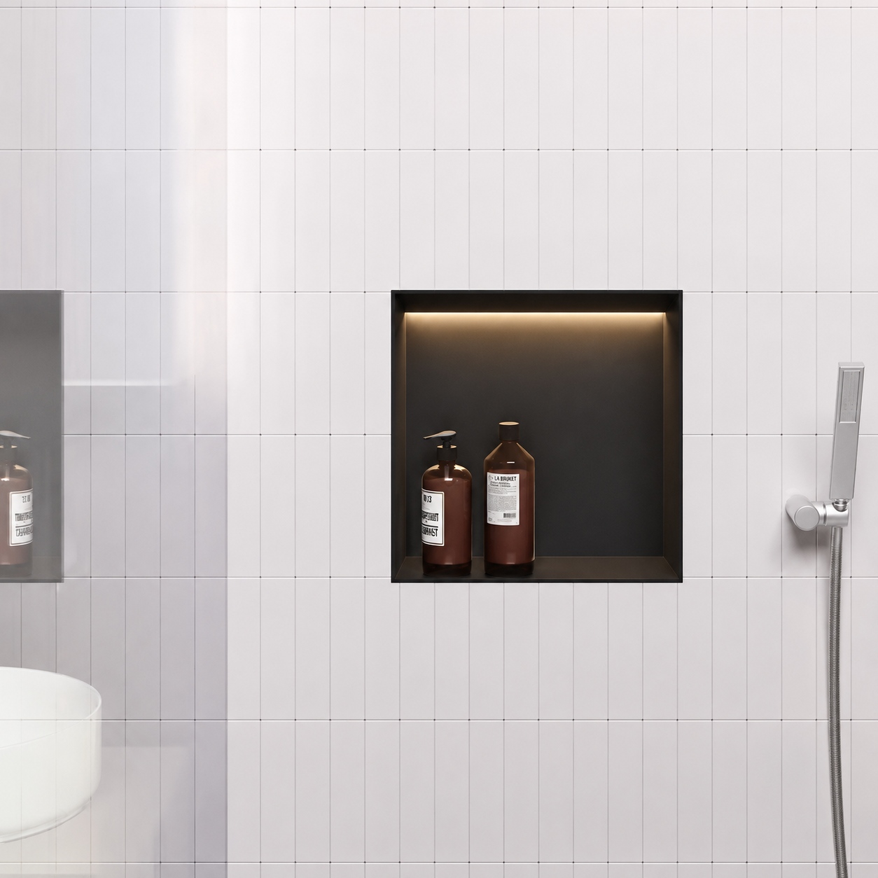 Glowing LED Shower Niche Embedded in Bathroom Tile