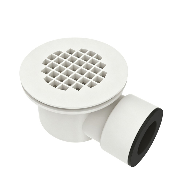 Round PVC shower floor drain with 69.5mm horizontal outlet and white grate