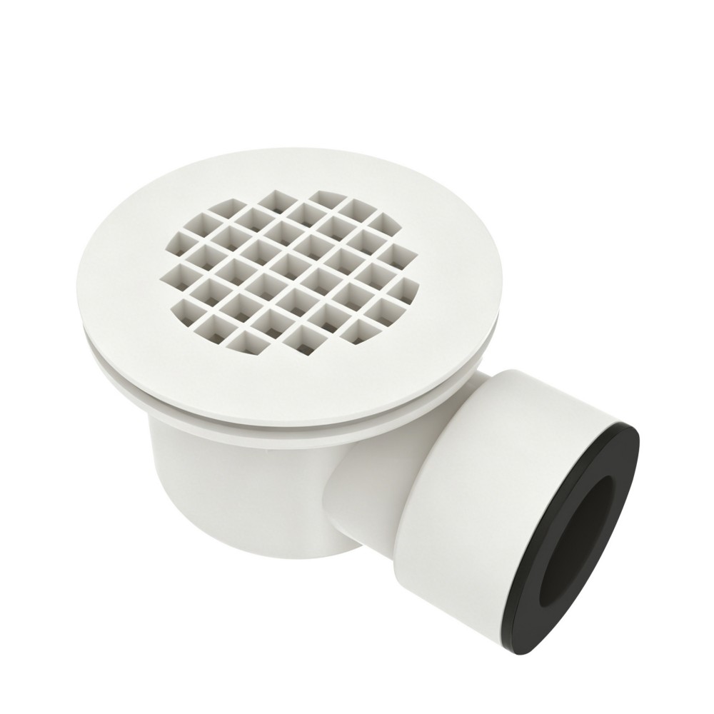 Round PVC shower floor drain with 69.5mm horizontal outlet and white grate