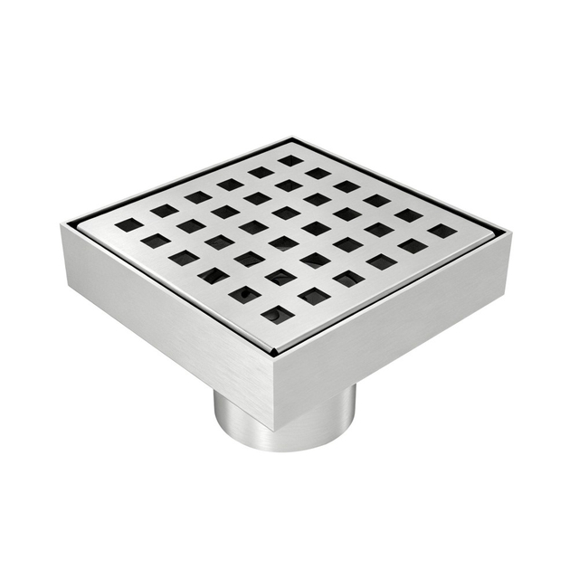 Brushed stainless steel square floor drain with square pattern grate