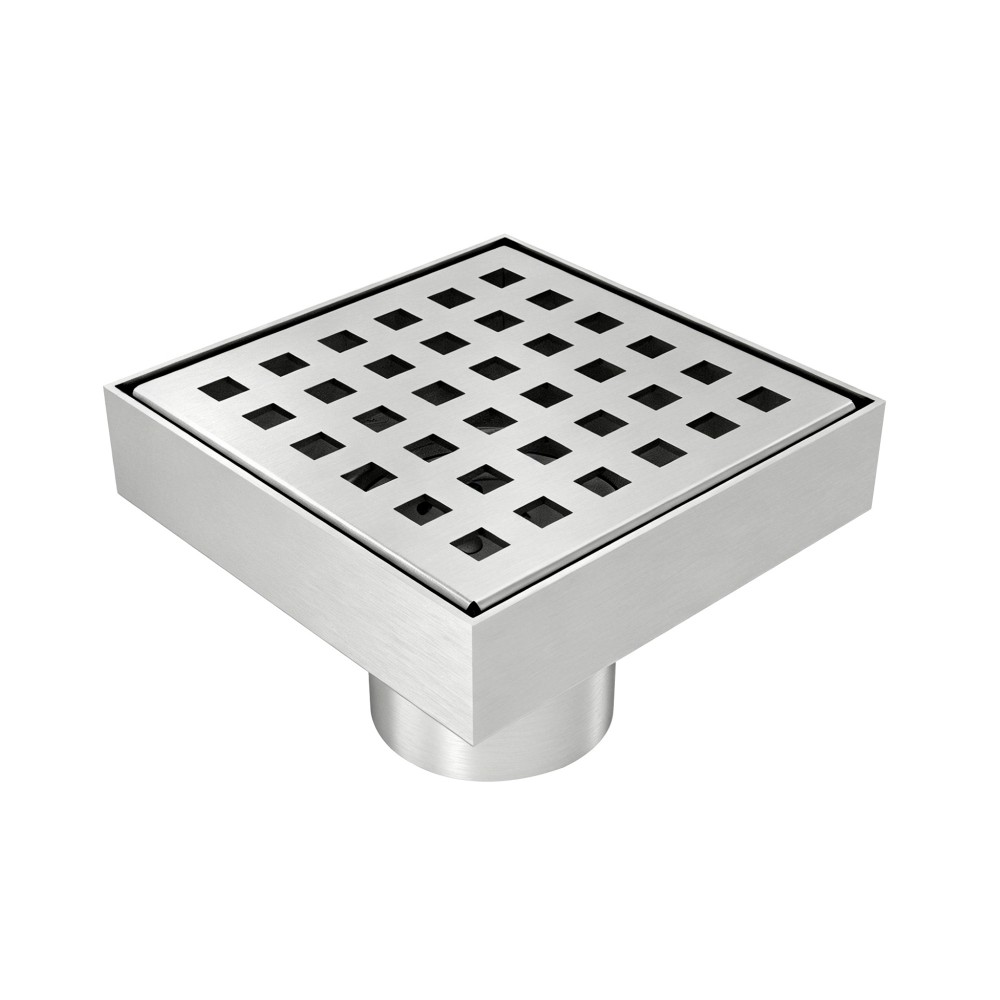 Brushed stainless steel square floor drain with square pattern grate