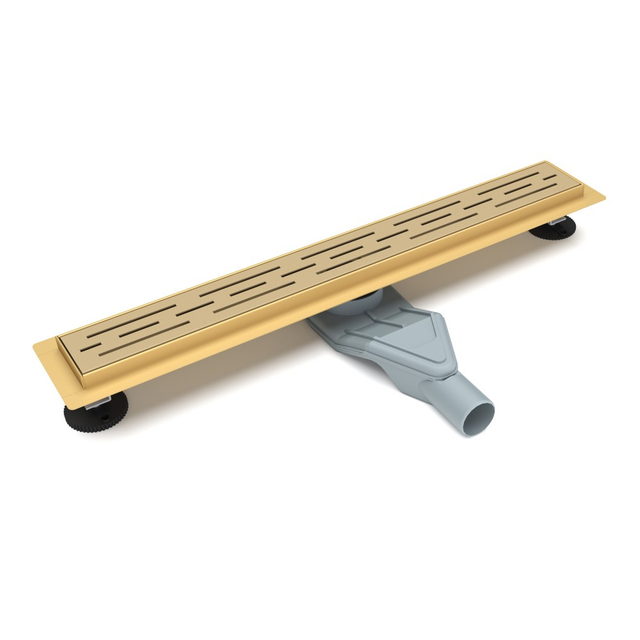 Gold finish linear floor drains with modern slot pattern