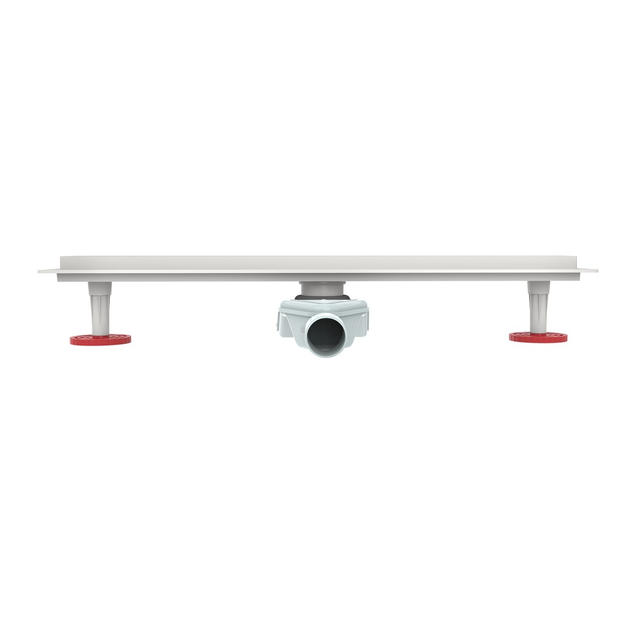 Front angle of seamless bathroom drain showing brushed stainless steel channel and rotatable trap