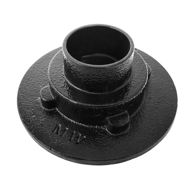 Bottom side of round cast iron shower drain flange showing vertical drain pipe connection hub