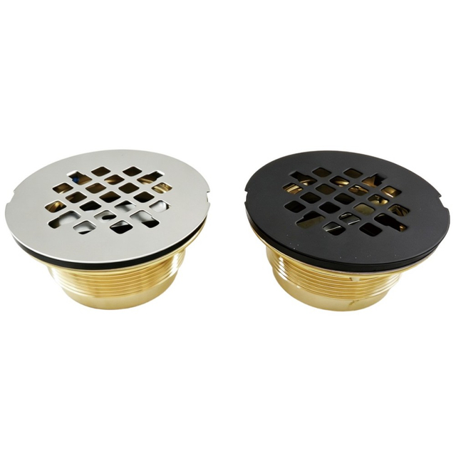 Brushed stainless and matte black finish options on brass shower drain base