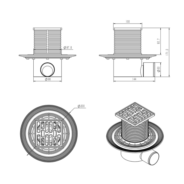 Technical dimensions for a 100 mm square shower drain with 200 mm flange, 50 mm horizontal outlet and maximum height of 171.2 mm
