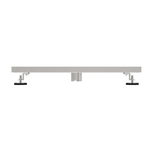 Adjustable height bathroom linear shower drain with level feet and vertical outlet pipe