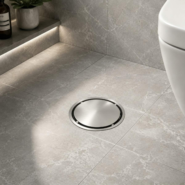 Seamless round shower drain functioning as a horizontal shower drain on a contemporary grey tile bathroom floor