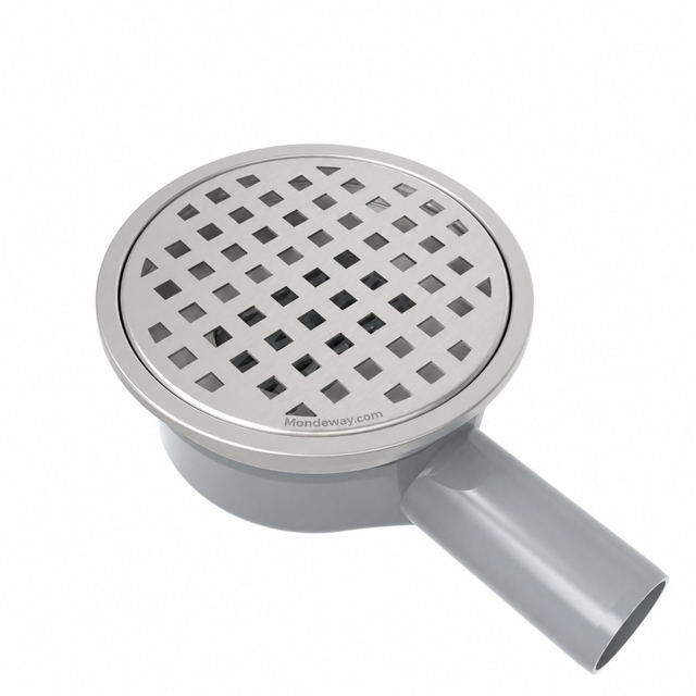 Easy to clean round shower floor drain acting as a high capacity horizontal floor drain for bathrooms