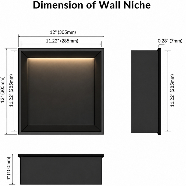 Technical layout of twelve inch square led shower niche specifying structural thickness and cutout measurements