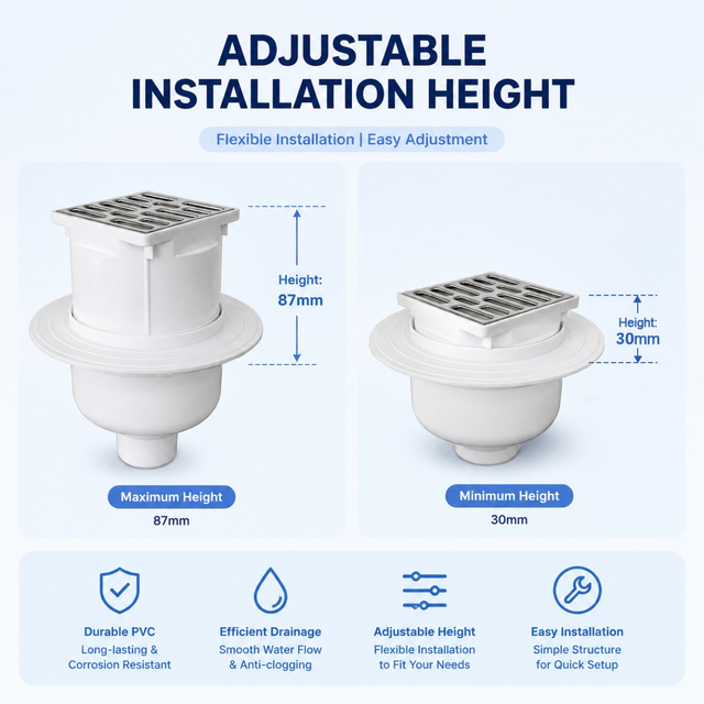 Adjustable height shower drain showing flexible setup from thirty to eighty seven millimeters