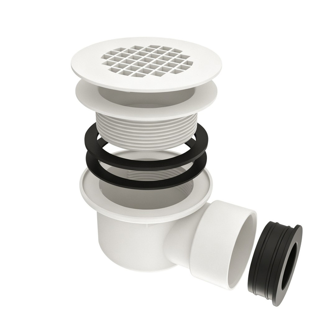 Exploded view of round shower floor drain showing PVC base, grate, and rubber gaskets