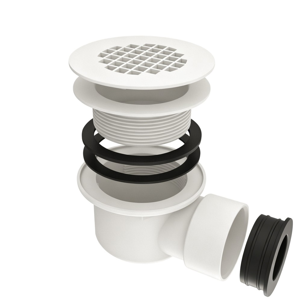 Exploded view of round shower floor drain showing PVC base, grate, and rubber gaskets