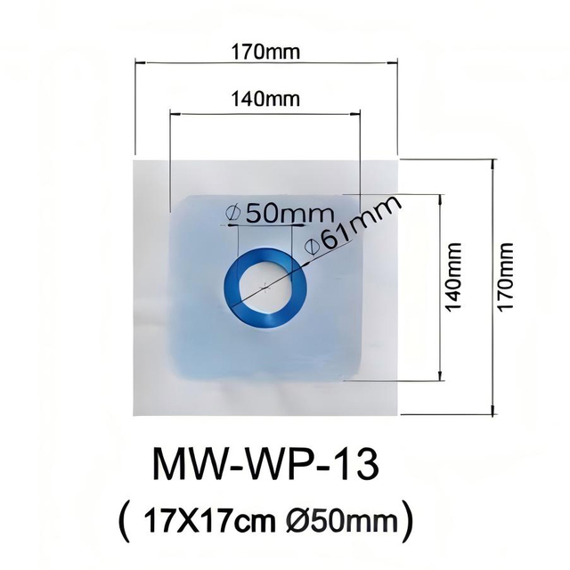 Technical dimensions for square mixing valve seal showing 50mm diameter