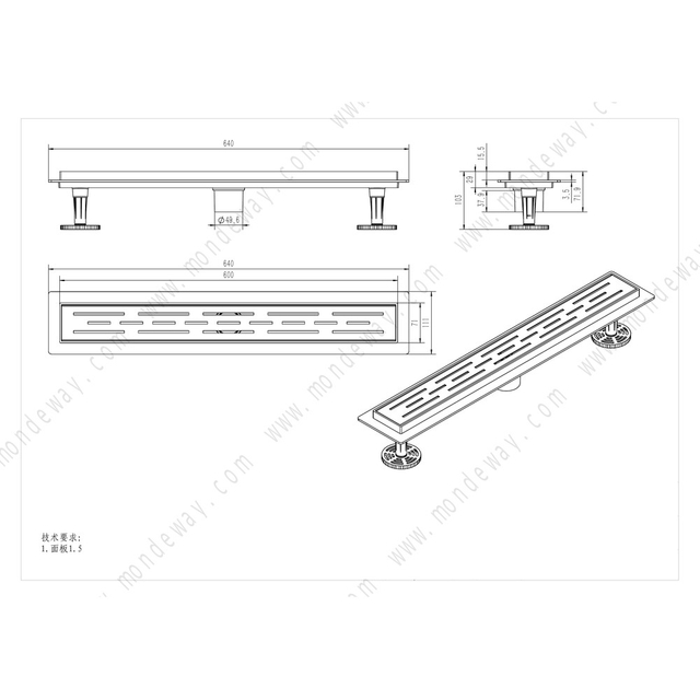 Technical drawing and dimensions for shower linear drains