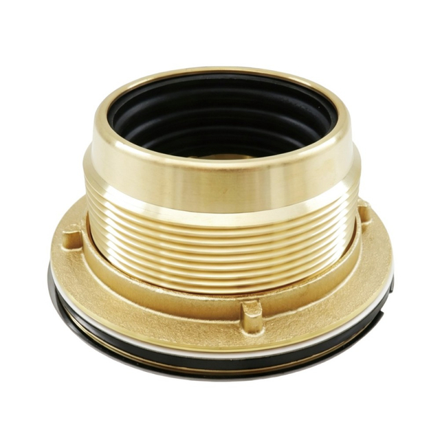 Underside connection hub of brass shower drain base with precision threads