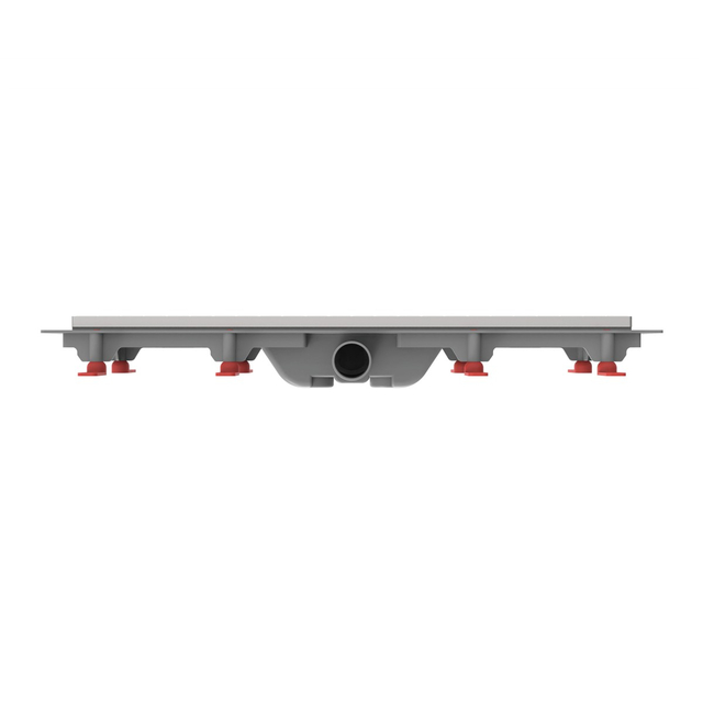 Side profile of plastic base linear drain showing horizontal drainage pipe outlet