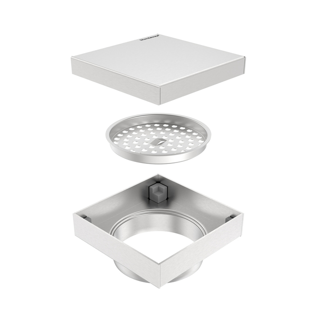 Disassembled parts of bathroom floor drain stainless steel showing cover filter and vertical outlet base