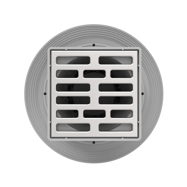 Top-facing square bathroom floor drain with slotted stainless steel grate centered on a 200 mm circular tile flange