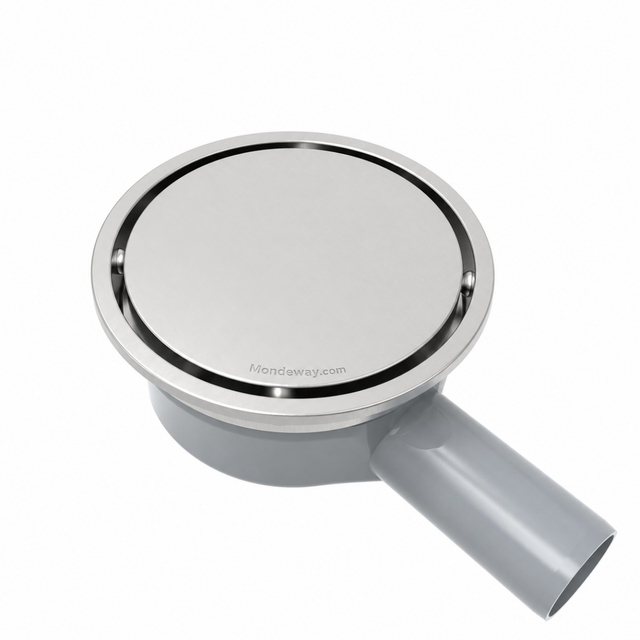 Round shower drain with horizontal outlet in premium brushed stainless steel finish