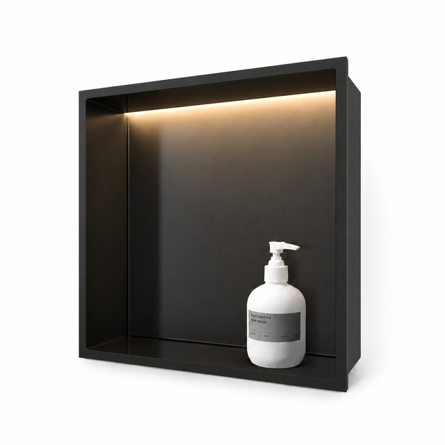 Modern matte black stainless steel shower niche with warm led light strip holding a single container
