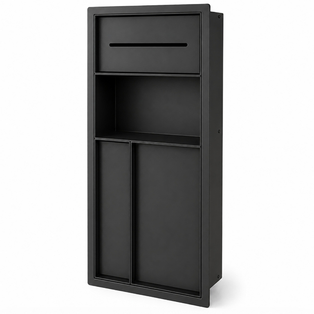 Premium matte black stainless steel toilet paper holder with closed storage compartments for an organized bathroom space