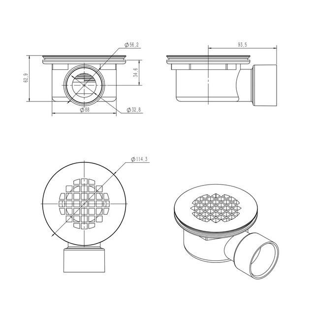 Technical drawing of round floor drain cover and PVC base