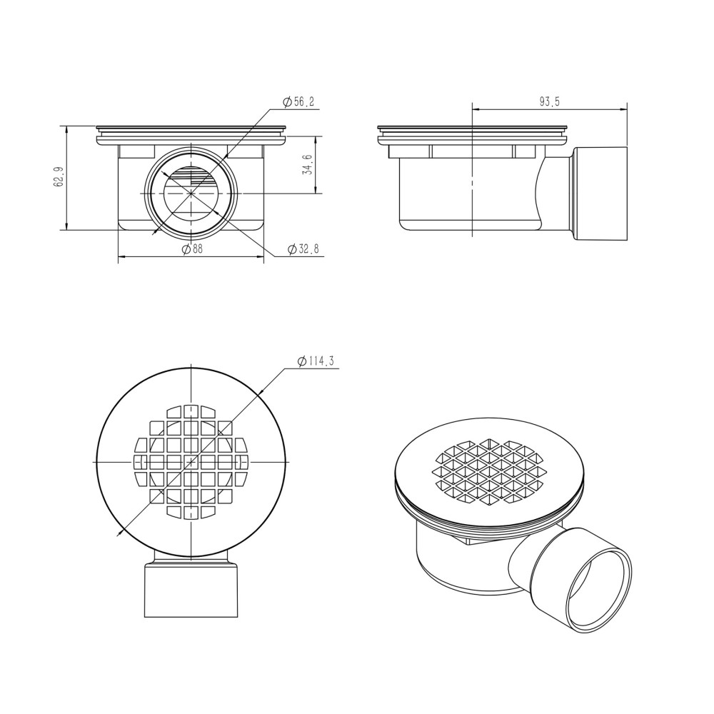 Technical drawing of round floor drain cover and PVC base