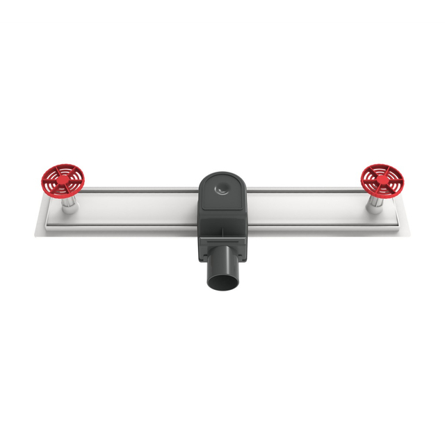 Underside base structure of floor linear drain displaying 360 degree rotatable drainage siphon and support feet