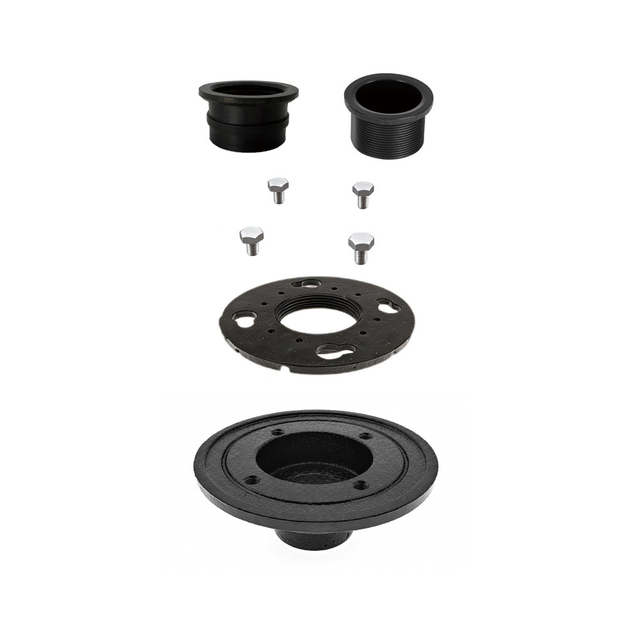 Exploded parts breakdown of round cast iron shower drain flange assembly with membrane clamp