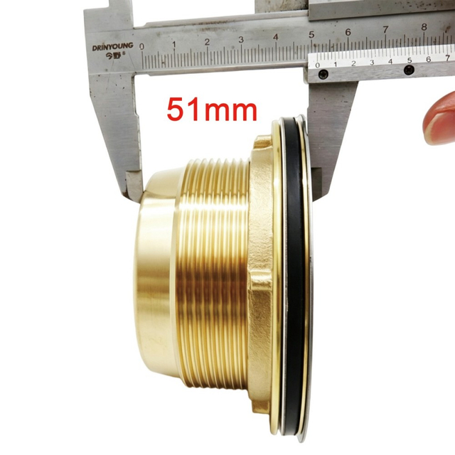 Caliper measuring 51mm low installation depth on vertical outlet brass drain