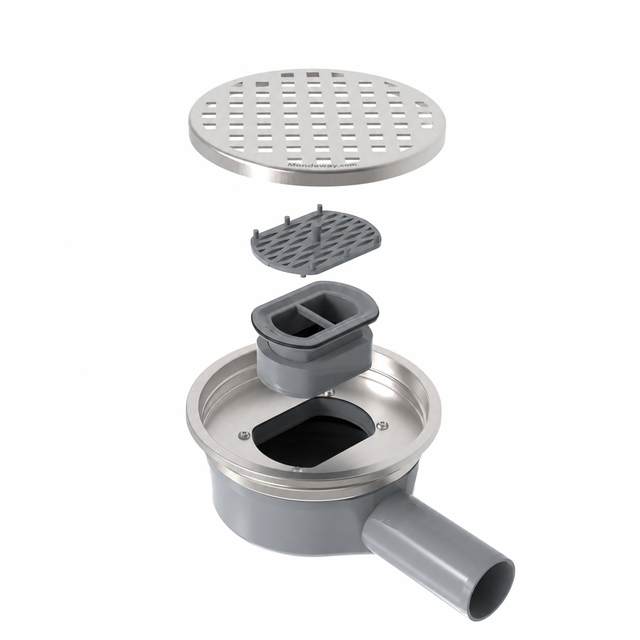 Internal parts of a round shower floor drain showing the square grate, strainer, and horizontal floor drain base