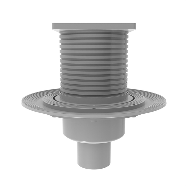 Side profile of vertical outlet point shower drain showing the adjustable height ribbed structure