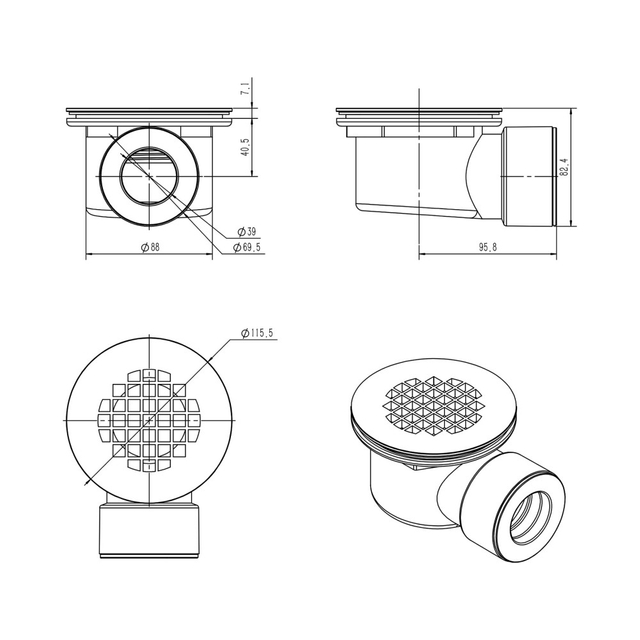 Technical specifications and dimensions for round PVC shower floor drain