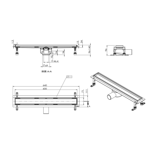 Technical drawing and dimensions of 2 inch drain linear shower system