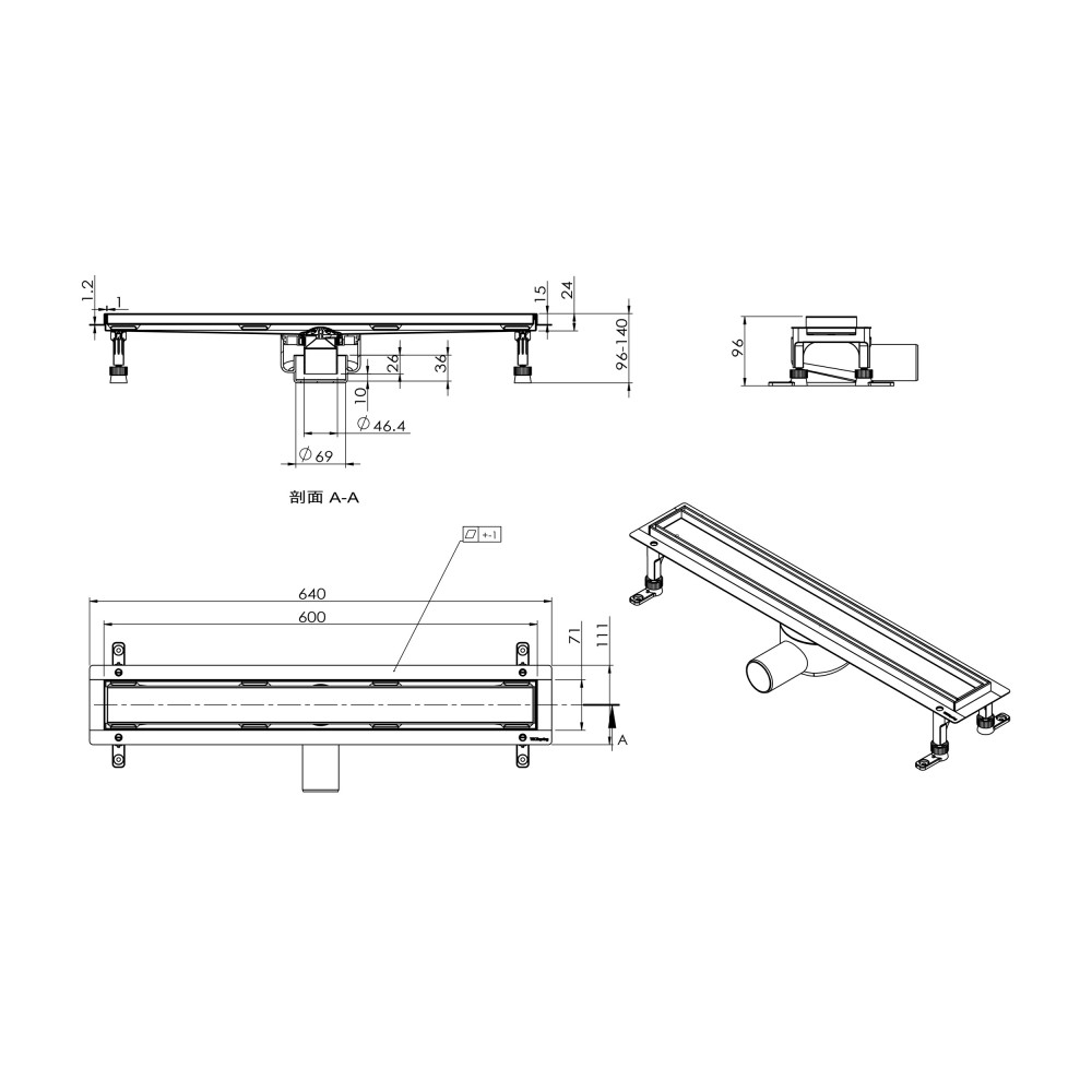 Technical drawing and dimensions of 2 inch drain linear shower system