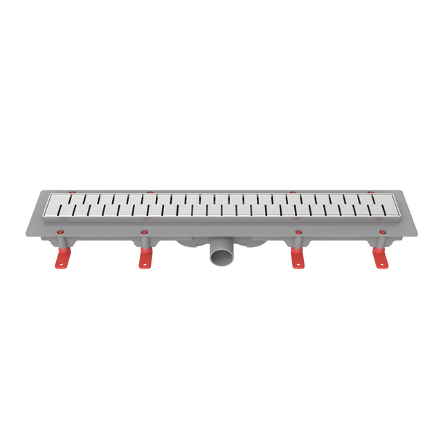 Front perspective of plastic base linear drain with adjustable height support feet