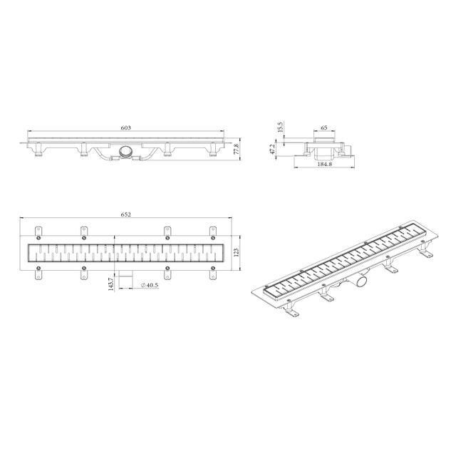 Dimensional blueprint for linear bathroom drain system highlighting width height and outlet measurements