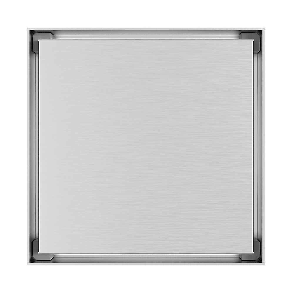 Top down perspective of 4 inch outlet drains showcasing the flush stainless steel grate